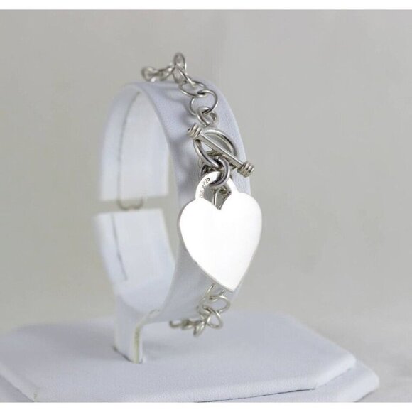 Sterling Silver Rolo Link Heart Toggle Link Charm Bracelet - Picture 1 of 5